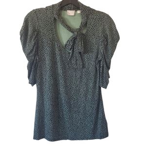 Postmark by Anthropologie Green Floral Bow Ruched Sleeve Blouse Size Small